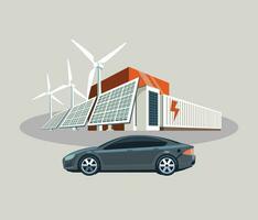 elektrisk bil sol- laddning systemet platt illustrationer vektor