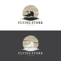 Storch Vogel Logo, Reiher, Gras, und Fluss Design, Vektor einfach Vorlage Illustration