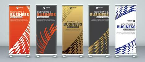 korporativ Geschäft Konferenz rollen oben Banner Designs zum x Stand mit Luxus und Auge eingängig orange, Schwarz, Gold und Weiß Farben mit modern abstrakt Formen vektor