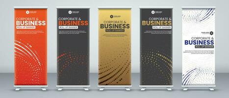 företags- företag konferens rulla upp baner mönster för x stå med lyx och öga gripande orange, svart, guld och vit färger med modern abstrakt former vektor