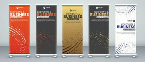 korporativ Geschäft Konferenz rollen oben Banner Designs zum x Stand mit Luxus und Auge eingängig orange, Schwarz, Gold und Weiß Farben mit modern abstrakt Formen vektor