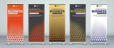 korporativ Geschäft Konferenz rollen oben Banner Designs zum x Stand mit Luxus und Auge eingängig orange, Schwarz, Gold und Weiß Farben vektor