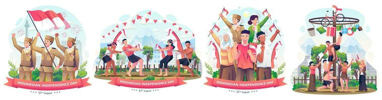 uppsättning av människor fira Indonesiens oberoende dag på augusti 17:e illustration vektor