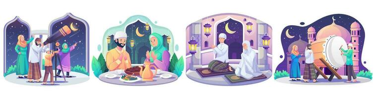 uppsättning ramadan koncept illustration. glada muslimska människor firar heliga månaden ramadan, iftar-fest, läser koranen, taraweeh, eid mubarak-hälsning. vektor illustration