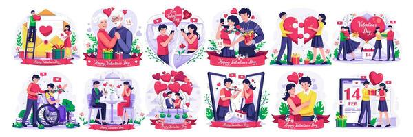 hjärtans dag illustration uppsättning med en romantisk par fira hjärtans dag. uppkopplad dejting och virtuell relationer. vektor illustration i platt stil