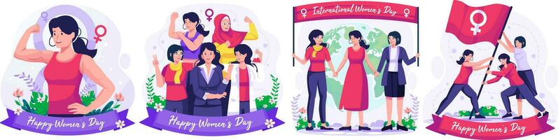 illustration uppsättning av internationell kvinnors dag begrepp med Lycklig multinationell olika kvinnor fira kvinnor dag. kämpar för frihet och oberoende vektor