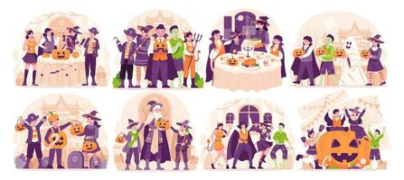 Mega Illustration einstellen von Halloween. glücklich Menschen Dressing oben im verschiedene Halloween Kostüme feiern Halloween. Halloween Party und Trick oder behandeln Konzept vektor