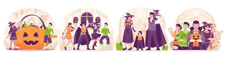 illustration uppsättning av halloween. Lycklig människor klä på sig upp i olika halloween kostymer fira halloween. halloween fest och lura eller behandla begrepp vektor