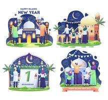 uppsättning bunt av muslimsk familj firar islamiskt nyår med facklor festival. vektor illustration