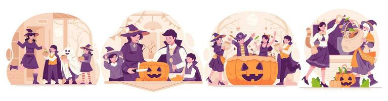 Illustration einstellen von Halloween. glücklich Menschen Dressing oben im verschiedene Halloween Kostüme feiern Halloween. Halloween Party und Trick oder behandeln Konzept vektor