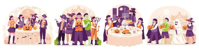 illustration uppsättning av halloween. Lycklig människor klä på sig upp i olika halloween kostymer fira halloween. halloween fest och lura eller behandla begrepp vektor