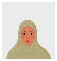 Porträt von schön Muslim Frau im Kopftuch. Karikatur Vektor Illustration im eben Stil. jung arabisch Frau im traditionell Kleid. isoliert Kunst auf Weiß Hintergrund zum Benutzerbild, Poster, Banner, Postkarte.