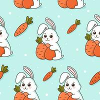 söt tecknad serie sömlös mönster med kanin, morötter och ägg på blå bakgrund. design med kanin för ungar. vektor bricka för tyg, skriva ut, omslag, textil. rolig kaniner i platt stil.
