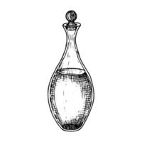 glas karaff. hand dragen vektor illustration av transparent karaff på isolerat bakgrund för grundläggande eller oliv olja. teckning av flaska eller flacon i svart och vit färger. linje konst skiss