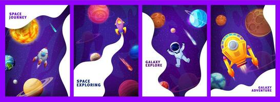 Galaxis Plakate mit Raum Landschaft und Raumschiffe vektor