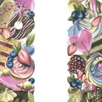 kakor med brownies, munkar, marshmallows, klubbor, jordgubbar och blåbär. vattenfärg illustration hand ritade. mall, ram på en vit bakgrund vektor