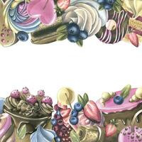 Kuchen mit Brownies, Donuts, Marshmallows, Lutscher, Erdbeeren und Blaubeeren. Aquarell Illustration Hand gezeichnet. Vorlage, Rahmen auf ein Weiß Hintergrund vektor