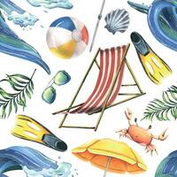 Sol solstolar, uppblåsbar leksaker, Sol paraply, tropisk handflatan löv. vattenfärg illustration, hand dragen för kort, affischer, strand och sommar. sömlös mönster på en vit bakgrund vektor