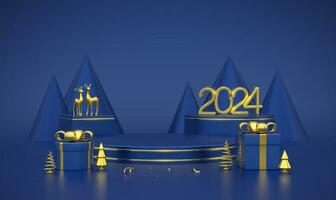 glücklich Neu 2024 Jahr. 3d golden metallisch Zahlen 2024 auf Blau Bühne Podium. Szene, runden und Würfel Plattform mit Geschenk Kisten, realistisch golden Hirsche, metallisch Kiefer Fichte Bäume auf Blau Hintergrund. Vektor