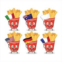 kopp av franska frites tecknad serie karaktär föra de flaggor av olika länder vektor