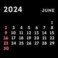 Juni 2024 Monat Kalender. Vektor Illustration.