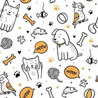 husdjur katter och hundar sömlösa mönster i doodle stil vektor
