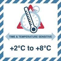 International Versand bildlich Etiketten Zeit Temperatur empfindlich 2 zu 8 Grad vektor