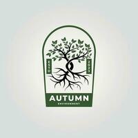 Natur Eiche Baum Logo Vektor Symbol Emblem, natürlich Wachstum Baum Design mit Jahrgang Wurzeln Illustration