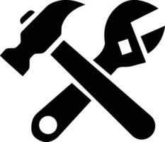 Schlüssel und Hammer Werkzeug Symbol. Schraube Kreuz Schlüssel schwarz Wohnung. Reparatur Bedienung Symbol vektor