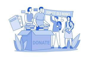 Freiwilligengruppe spendet alte Bücher und Zeitungen an arme Studenten vektor