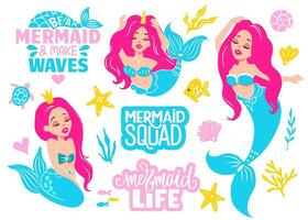 söt mermaids illustrationer vektor samling. text citat. förtjusande tecknad serie tecken. färgrik barn ClipArt