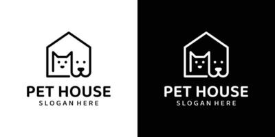 Haustier Haus Logo Design Vorlage. Hund und Katze mit Haus Linie Kunst Design Grafik Vektor Illustration. Symbol, Symbol, kreativ.