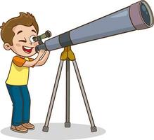 vektor illustration av barn ser på teleskop.barn ser genom teleskop i de natt tecknad serie vektor illustration grafisk design.