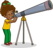 vektor illustration av barn ser på teleskop.barn ser genom teleskop i de natt tecknad serie vektor illustration grafisk design.