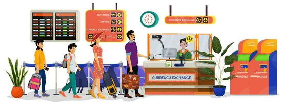 Karikatur Illustration von Flughafen Währung Austausch Schreibtisch mit Warteschlange von Passagiere und Reisende vektor