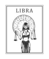 Illustration von einfarbig Karte mit astrologisch Zeichen und romantisch Schönheit Frau. Tierkreis Symbol Kunst. vektor