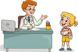 Arzt und krank Kinder reden Vektor Abbildung.Kinder mit gebrochen Arm und Arzt.
