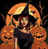 årgång baner för Lycklig halloween fest vektor platt ljus illustration i komisk stil skön häxa kvinna i keps, pumpa, fladdermöss, Häftigt illustration. halloween begrepp full måne i svart himmel