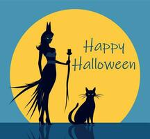 Vektor eben Illustration von Halloween Hexe und Katze auf das Hintergrund von das Mond