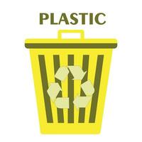 behållare för sortering sopor. isolerat gul avfall bin för återvinning plast avfall. vektor platt tecknad serie illustration av hink för plast flaskor och skräp. ekologisk tema.