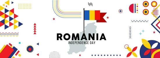 Karte und Flagge von Rumänien National oder Unabhängigkeit Tag Banner. Flagge Farben Thema Hintergrund und geometrisch abstrakt retro modern bunt Design vektor
