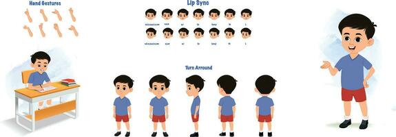 ein Schüler Charakter Modell- Blatt. Schule Junge Schaffung Satz. Schüler umdrehen Blatt, Hand Gesten, Lippe synchronisieren vektor