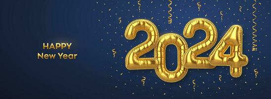 glücklich Neu 2024 Jahr. golden vereiteln Ballon Zahlen auf Blau Hintergrund. hoch detailliert 3d realistisch Gold vereiteln Helium Luftballons. fröhlich Weihnachten und glücklich Neu Jahr 2024 Gruß Karte. Vektor Illustration.