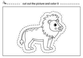 Schneiden trainieren zum Kinder. schwarz und Weiß Arbeitsblatt. Schnitt aus Karikatur Löwe. vektor
