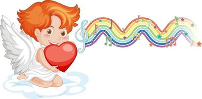 cupid pojke håller hjärta med melodisymboler på regnbågens våg vektor