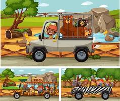 verschiedene Safari-Szenen mit Tier- und Kinder-Zeichentrickfigur vektor
