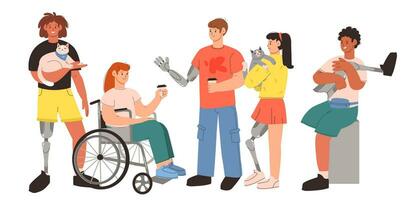 vielfältig Menschen mit Behinderungen. ein Mann und ein Frau mit Prothese Glieder und im ein Rollstuhl. Vielfalt und Aufnahme Konzept. eben Vektor Illustration.