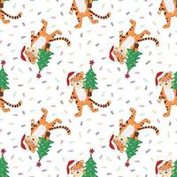 nahtloses Muster mit einem orange gestreiften Tigerjunges in einem roten Weihnachtsmann vektor