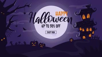 Halloween-Verkaufs-Banner-Vorlage mit Geisterhaus und Vollmond vektor