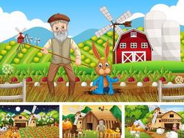 verschiedene Bauernhofszenen mit Zeichentrickfigur von Nutztieren vektor